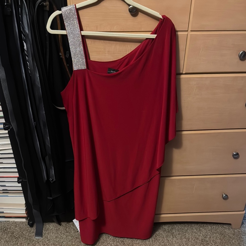 R&M Richards Red Asymmetrical Ruched Cocktail Dress